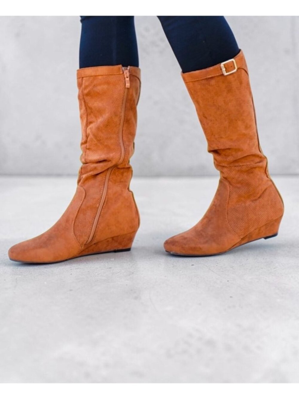 Tan Knee-High Faux Suede Wedge Boots With Side Zipper & Buckle Accent For Women - Picture 8 of 12